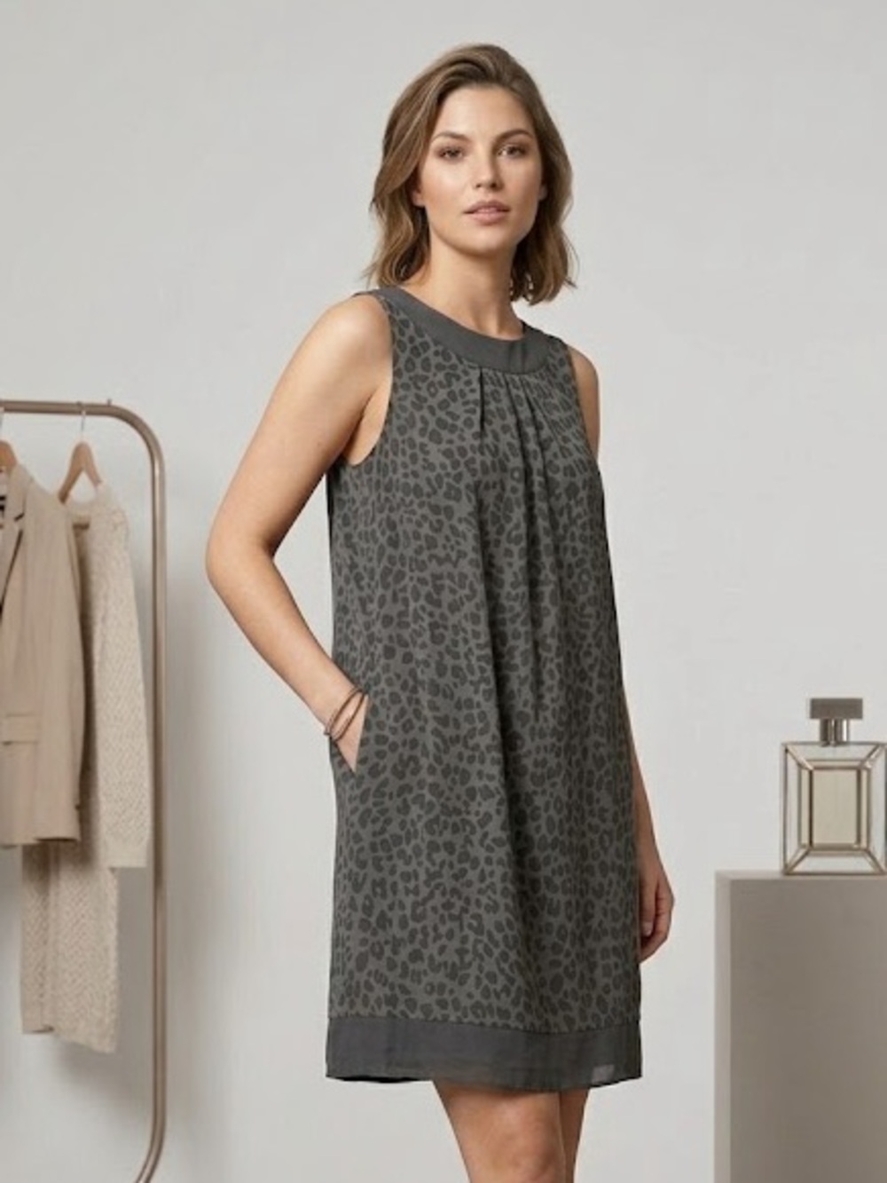 Mexx Gray Leopard-Print Sleeveless Shift Dress